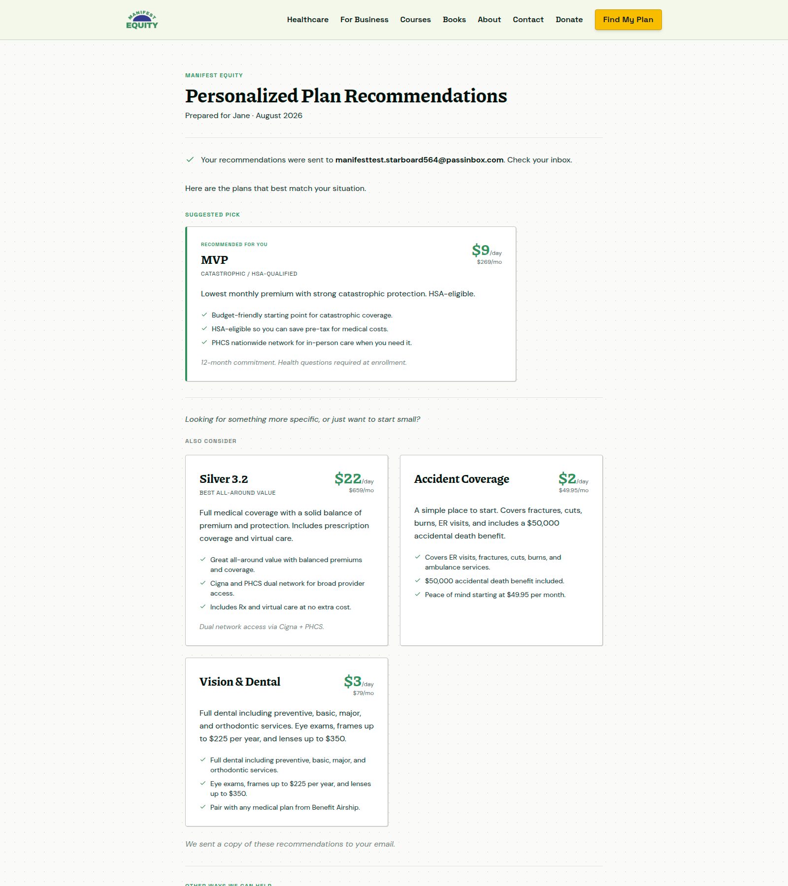 Personalized plan recommendation results with pricing and coverage details