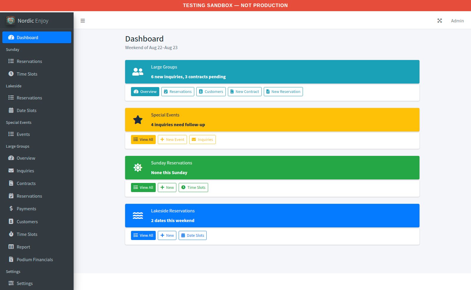 Nordic Enjoy admin dashboard showing this weekend's reservations across all booking types
