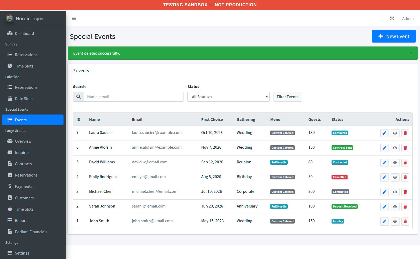Events management page in Nordic Enjoy admin