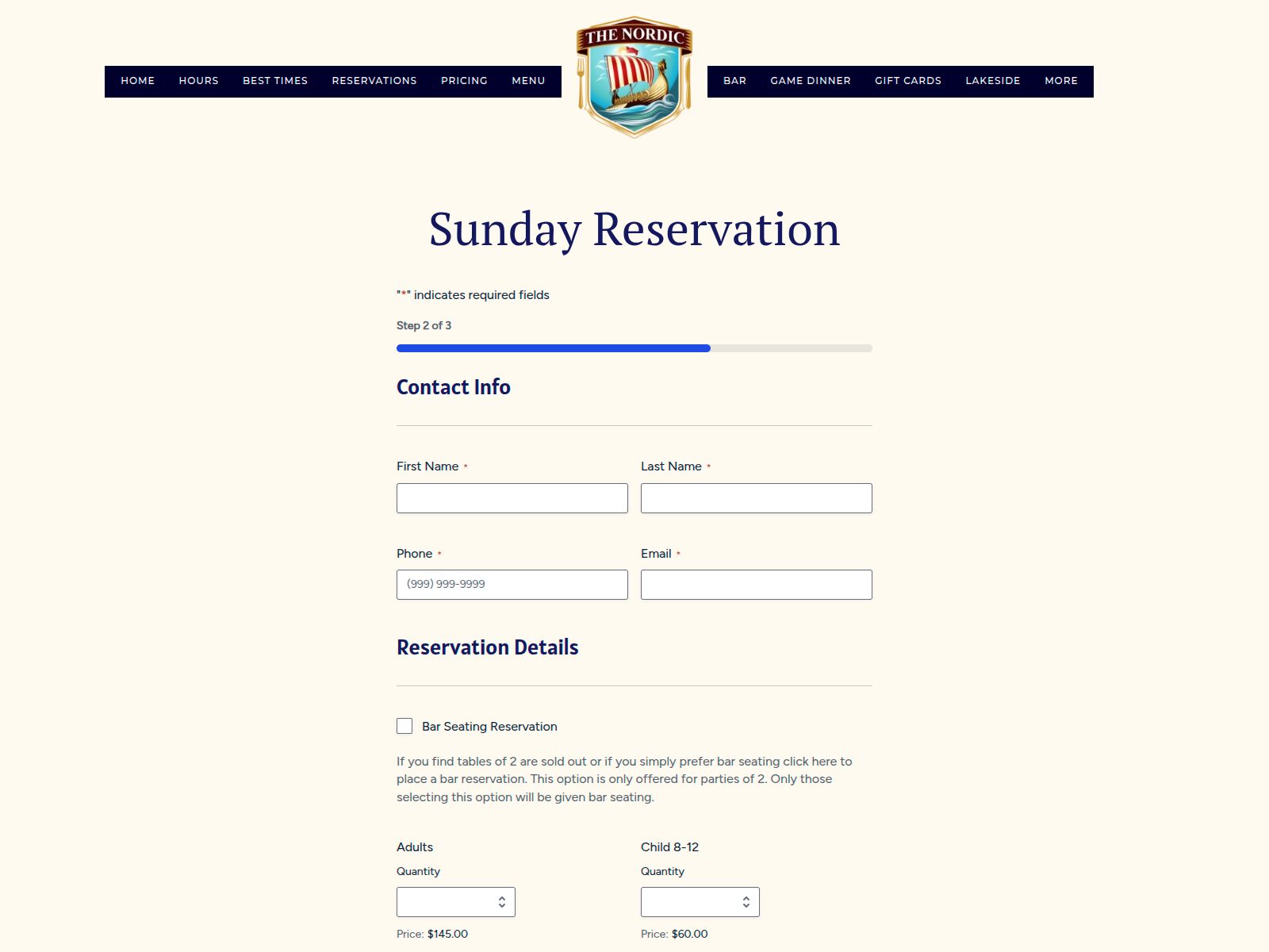 Sunday reservation form showing date picker and party size selection